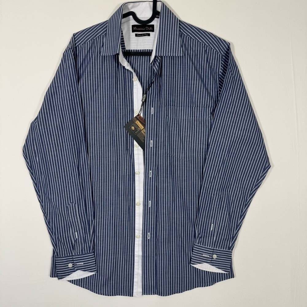NWT Massimo Dutti Smart Fit Shirt Men Size 15.5‎ Long Sleeve Navy Striped Cotton